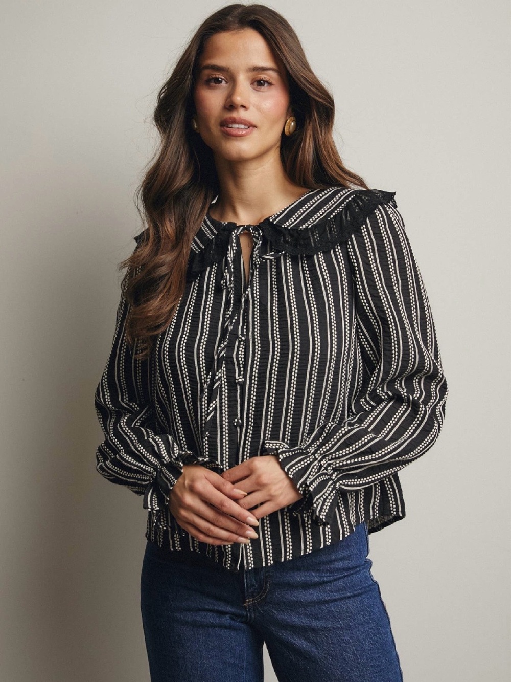 Black Embroidered Collar Textured Blouse